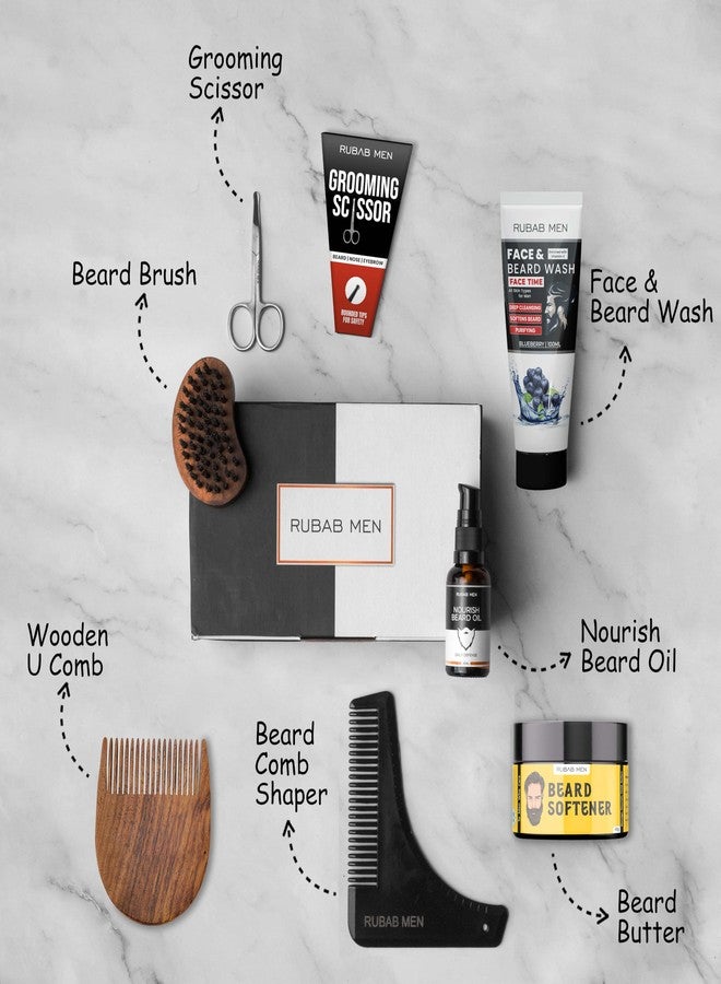 RUBAB MEN Ultimate Luxury Beard Gift Kit (Pack of 7)| Beard Growth Oil, Beard Wash, Beard Brush, Beard Shaper Tool, Grooming Scissor, Beard Softener & Beard Comb | Daily Self Care Upgraded - Image 2
