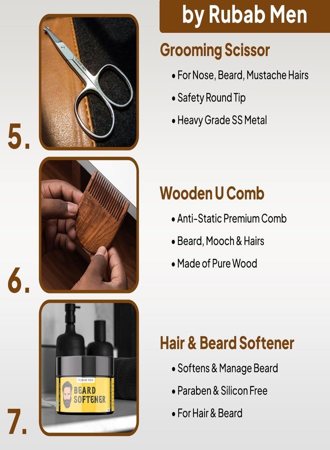 RUBAB MEN Ultimate Luxury Beard Gift Kit (Pack of 7)| Beard Growth Oil, Beard Wash, Beard Brush, Beard Shaper Tool, Grooming Scissor, Beard Softener & Beard Comb | Daily Self Care Upgraded - Image 5
