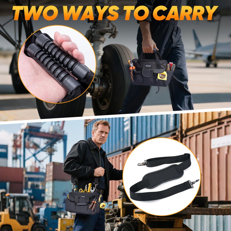 TICONN Heavy Duty Tool Bag with Multi-Pockets, Portable Tool Box Organizer Storage Bag, with Adjustable Shoulder Strap and Ergonomic Handle (Black, 12" Standard Base) - Image 5