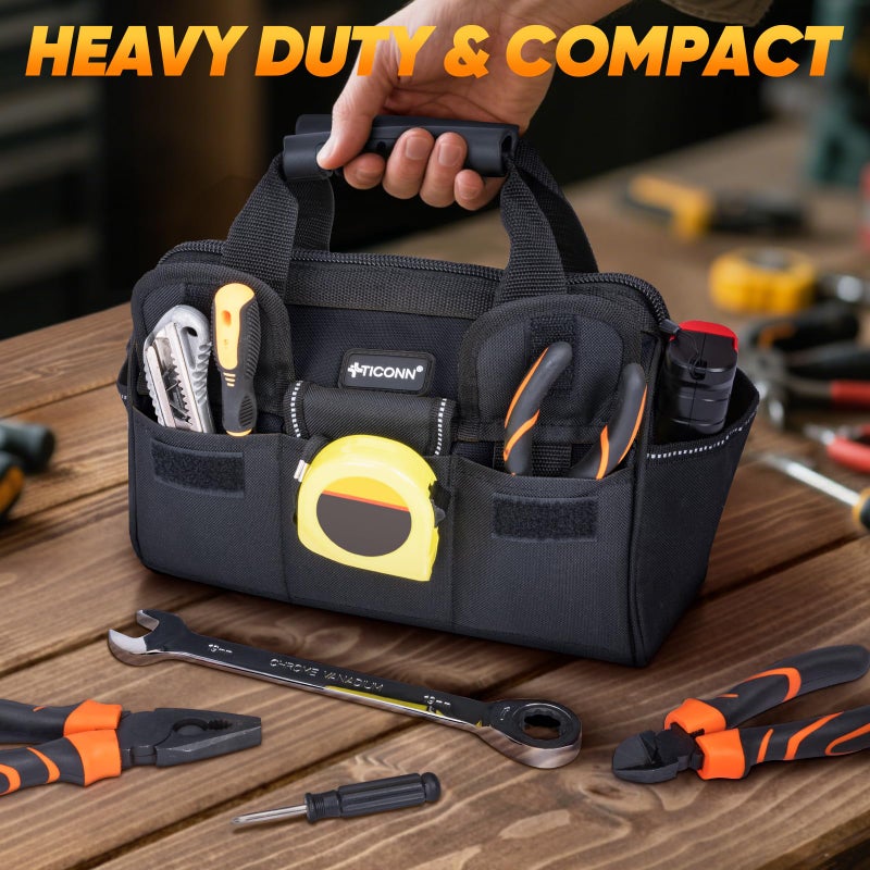 TICONN Heavy Duty Tool Bag with Multi-Pockets, Portable Tool Box Organizer Storage Bag, with Adjustable Shoulder Strap and Ergonomic Handle (Black, 12" Standard Base) - Image 2