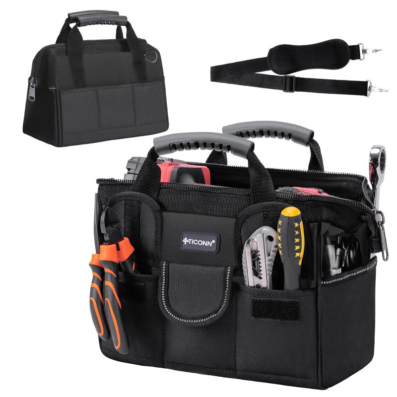 TICONN Heavy Duty Tool Bag with Multi-Pockets, Portable Tool Box Organizer Storage Bag, with Adjustable Shoulder Strap and Ergonomic Handle (Black, 12" Standard Base) - Image 1