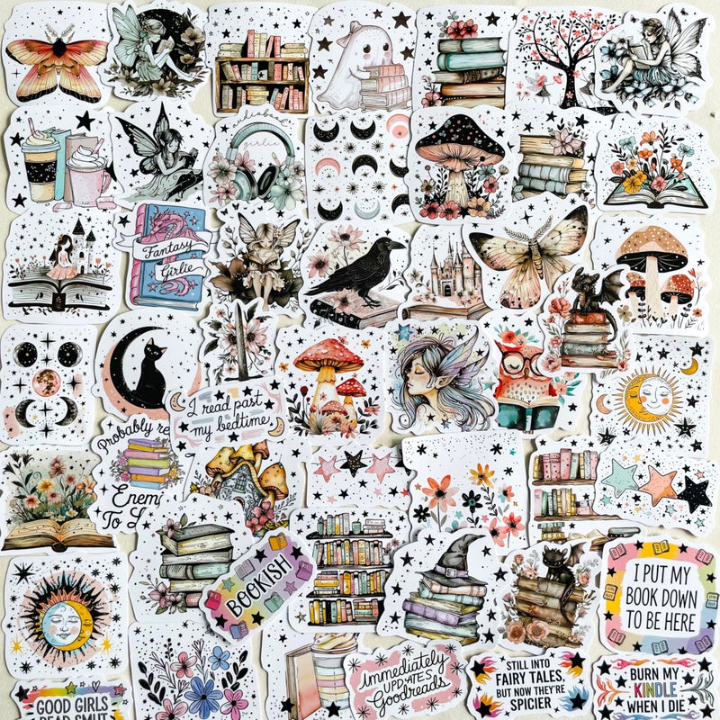 PIGBIT 50PCS Fantasy Gothic Bookish Stickers â€“ Aesthetic Reading & Cottagecore Vinyl Decals with Fairies, Books, Moons â€“ Waterproof Scrapbook Stickers for Journaling, Planners, Laptops, Booktok Lovers - Image 1