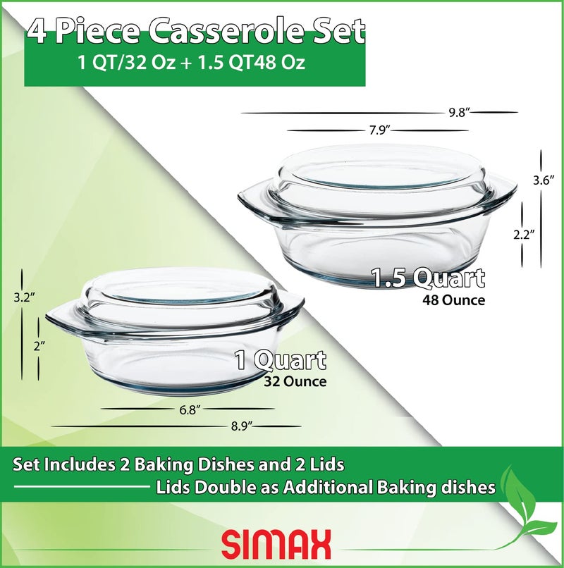 Simax Casserole Dish Set, Set of 2 Casserole Dish with Lid, Round Glass Cookware, Borosilicate Glass, Made In Europe 1 Qt and 1.5 Qt Baking Dishes - Image 5