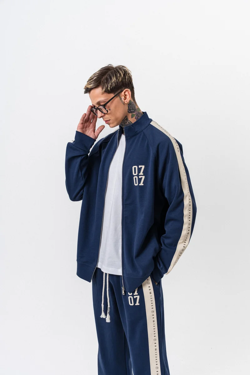 ريسباير سويت شيرت رجالي واسع (أوفرسايز) بسحاب، وجهين، ياقة قائمة، بتفاصيل 7 خطوط، أزرق داكن