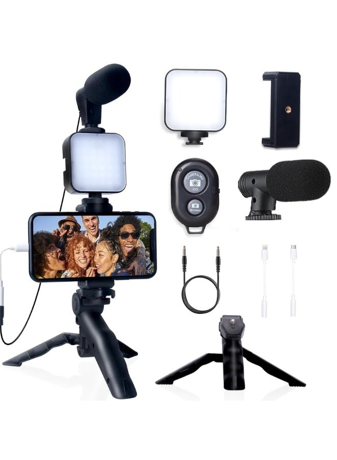 Vlogging Tripod, Video Making Kit Used For Making Videos, For Podcasting, For Conference Video, For Live Broadcast, Set Includes Tripod, Phone Clip, LED Lights, Microphone, Handheld Stabilizer - Image 1