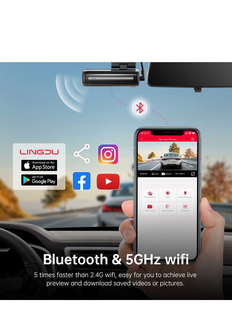 LINGDU LD06 5K Dash Cam Bluetooth Car Dash Camera Front and Rear Inside with GPS, 5G WiFi, APP and Voice Control, Loop Recording, G-Sensor, Parking Monitor