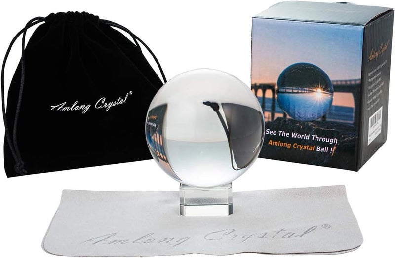 Amlong Crystal Amlong Crystal Meditation K9 Clear Crystal Ball 3.25 inch 80mm Diameter for Photography, Lensball, Decorative Ball with Free Stand and ECO Box, Including Microfiber Pouch, Wiping Cloth 