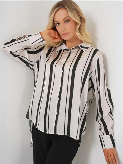 BIG DART BDART Striped Satin Long-Sleeve Shirt with Button Closure