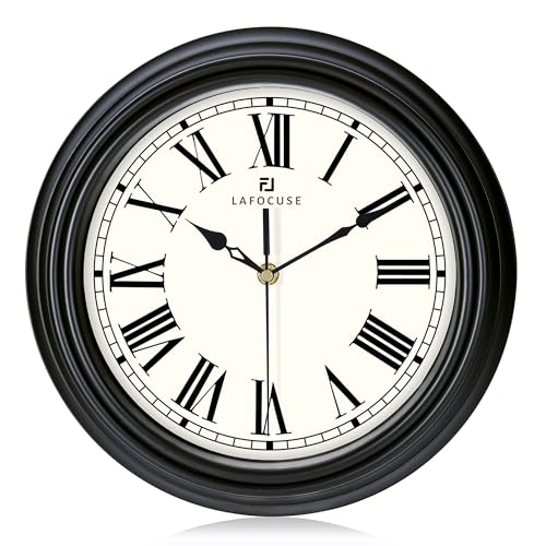 Lafocuse 12 Inch Black Wall Clock Roman Numerals, Silent Analog Wall Clock Battery Operated for Kitchen Living Room Bedroom, Retro Home Décor - Image 1