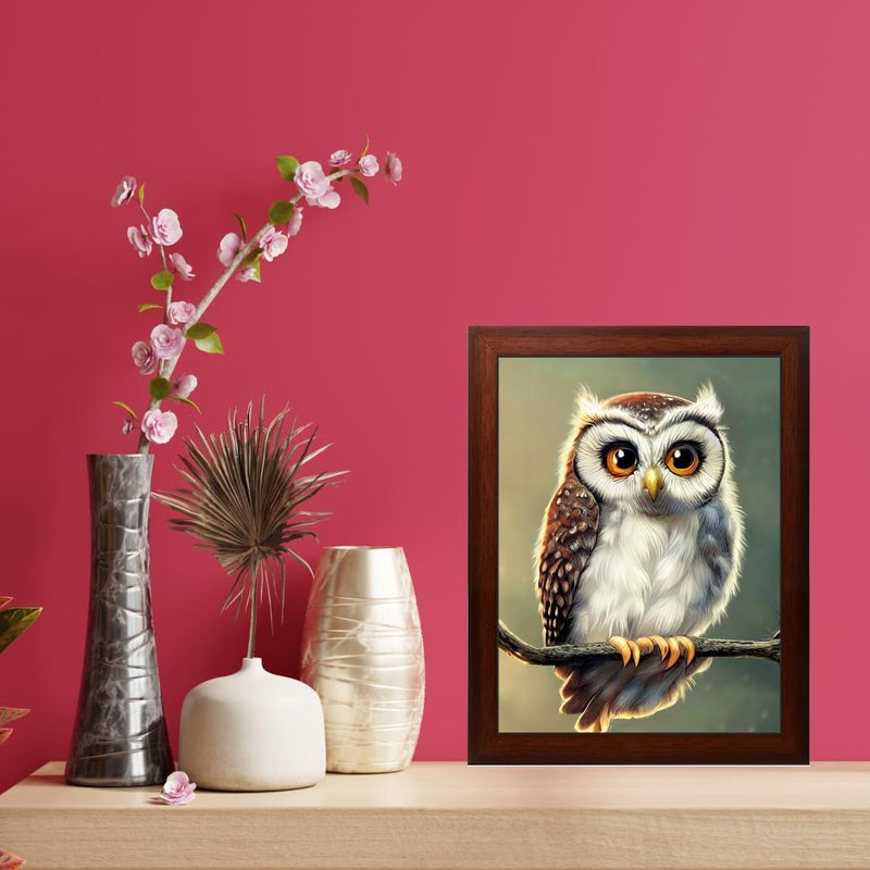 Generic Owl Painting Digital Reprint Trendy Fancy Room Home Office Wall Decoration With Brown Textured Frame (10Inches X 13.5Inches) - Image 3