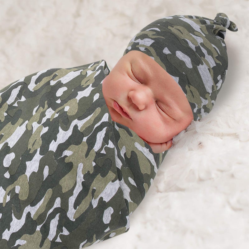 Baby Essentials Baby Cotton Swaddle Blanket Wrap with Headband or Hat Set for Baby Girls, Boys Newborns and Infants 0-6 Months (Camo) - Image 3
