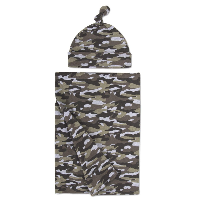 Baby Essentials Baby Cotton Swaddle Blanket Wrap with Headband or Hat Set for Baby Girls, Boys Newborns and Infants 0-6 Months (Camo) - Image 2
