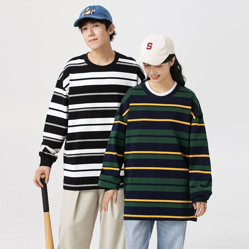 Men'S And Women'S Long-Sleeved T-Shirt Fashion Striped Two-Open Couples Hong Kong-Style Round Neck Cotton Sweater 2398 - Image 2