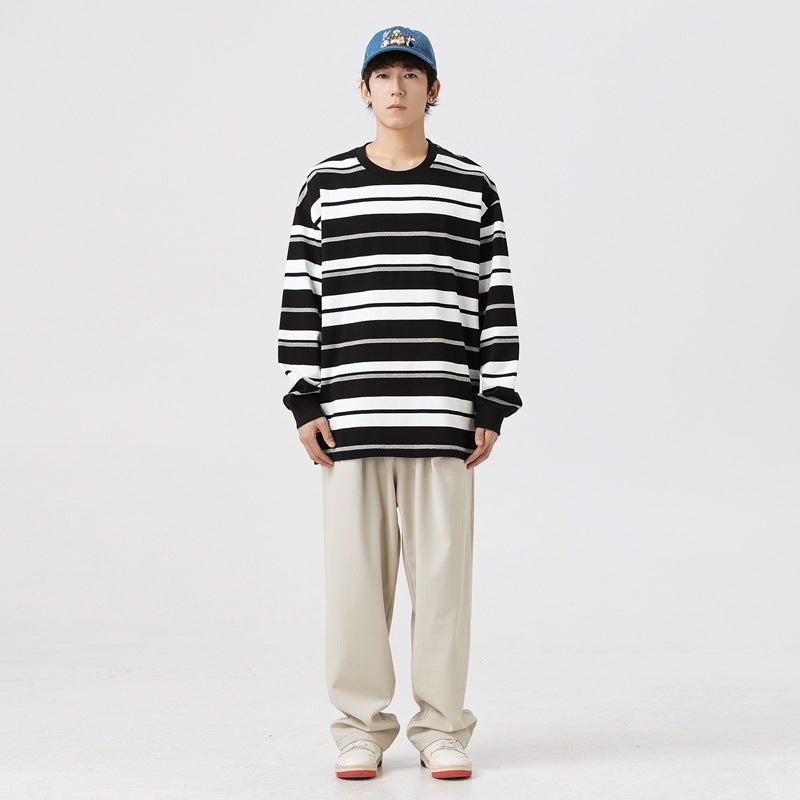 Men'S And Women'S Long-Sleeved T-Shirt Fashion Striped Two-Open Couples Hong Kong-Style Round Neck Cotton Sweater 2398 - Image 1