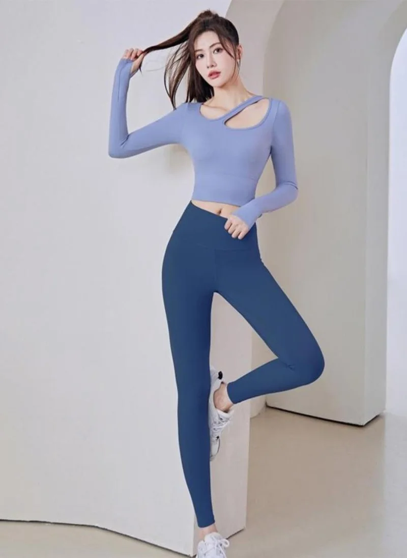 YUNIQEE Blue Fitted Solid Long Sleeves Sports Top
