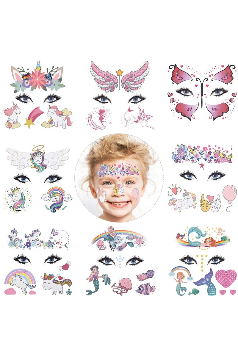 قوس قزح أورينبو مجموعة وشم وجه فراشة حورية البحر وحيد القرن للأطفال، 8 أوراق، وشم مؤقت للوجه للأطفال الأولاد والبنات، حشو حقيبة الحفلات، لوازم حفلات أعياد الميلاد، هدايا، مكياج آمن على البشرة - Image 1