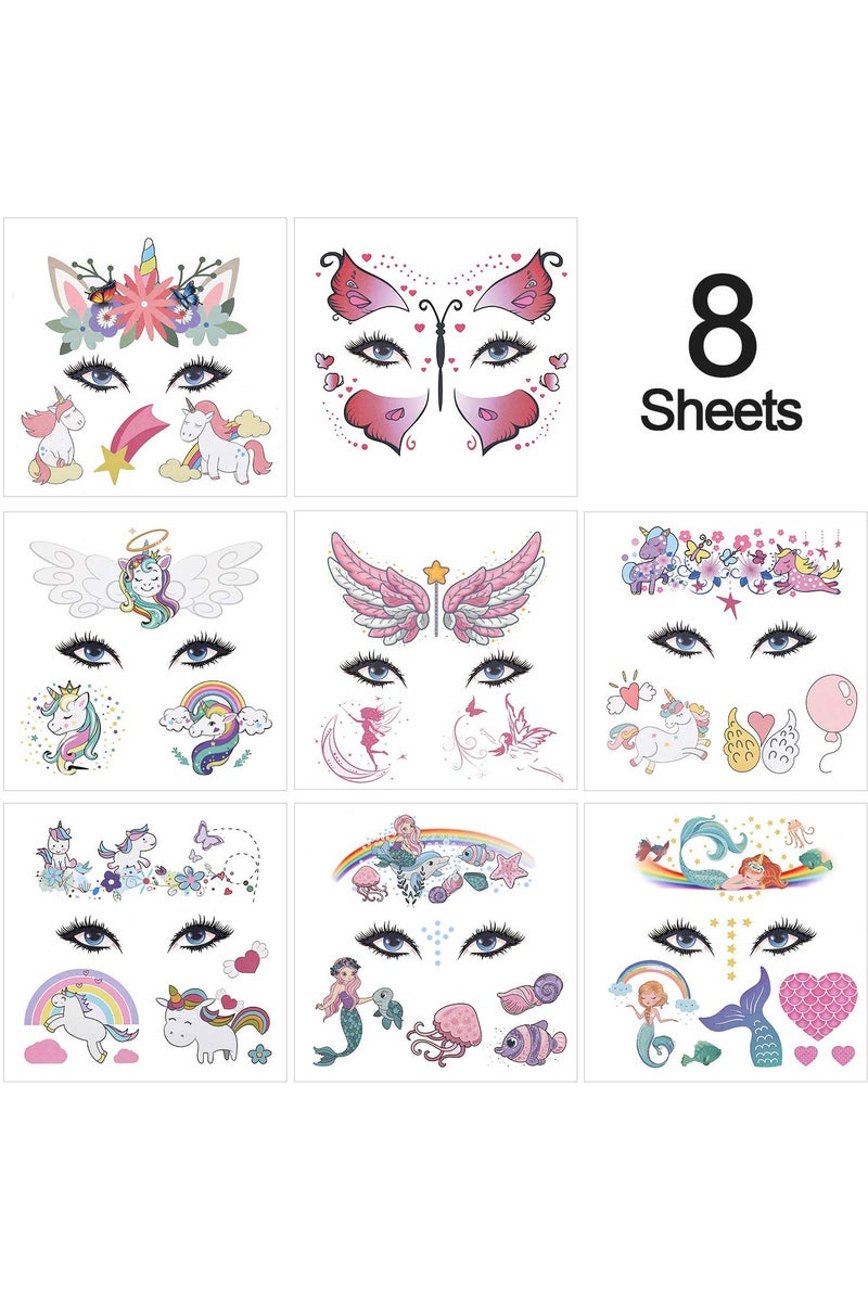 قوس قزح أورينبو مجموعة وشم وجه فراشة حورية البحر وحيد القرن للأطفال، 8 أوراق، وشم مؤقت للوجه للأطفال الأولاد والبنات، حشو حقيبة الحفلات، لوازم حفلات أعياد الميلاد، هدايا، مكياج آمن على البشرة - Image 4