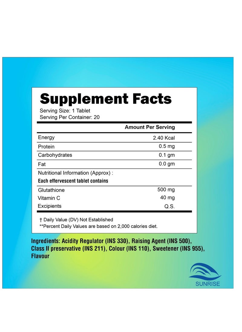 SUNRISE Glutathione 500mg With Vitamin C for Brighter Skin- 20 Effervescent Tablets | Pack of 5  - Image 5
