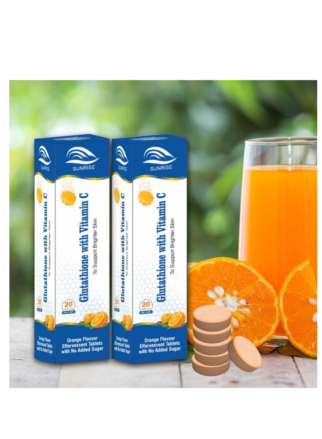 glutathione with vitamin c orange flavour SUNRISE 500mg for Brighter Skin- 20 Effervescent Tablets | Pack of 5 | Best Price Oman L-Glutathione 101: Dosage, Benefits, Grams:85g Peppermint