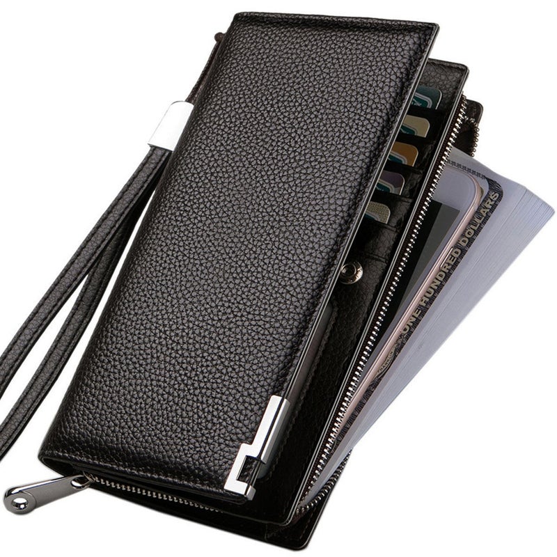 Huztencor Long Wallets for Men Leather RFID Blocking Wallet Bifold Slim Credit Card Holder Zip Around Wallet Purse with Zipper Strap Coffee - Image 4