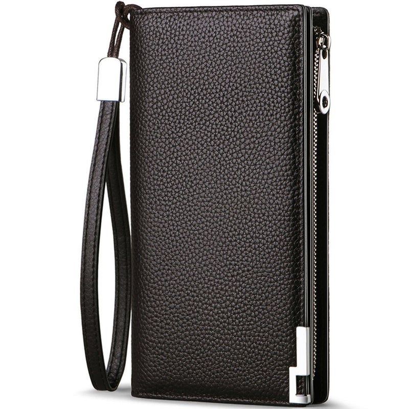 Huztencor Long Wallets for Men Leather RFID Blocking Wallet Bifold Slim Credit Card Holder Zip Around Wallet Purse with Zipper Strap Coffee - Image 1