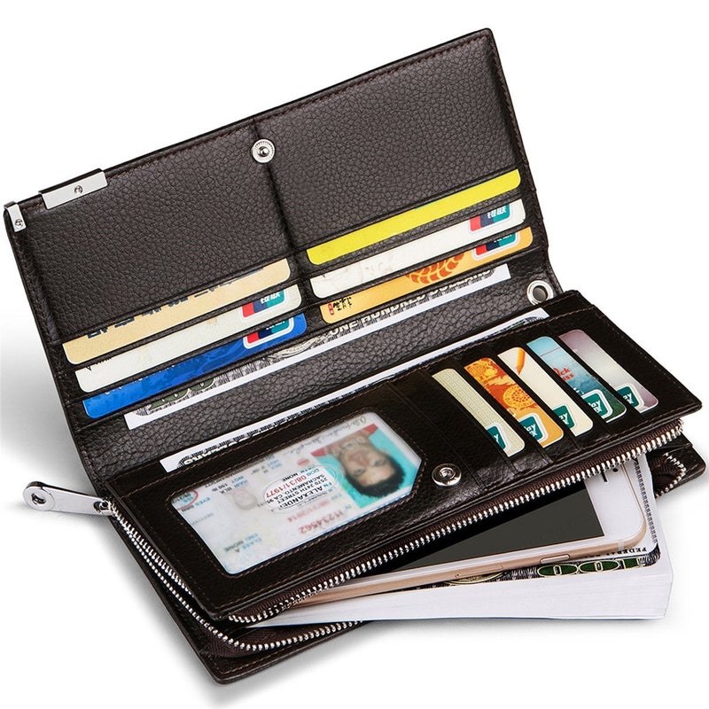 Huztencor Long Wallets for Men Leather RFID Blocking Wallet Bifold Slim Credit Card Holder Zip Around Wallet Purse with Zipper Strap Coffee - Image 3