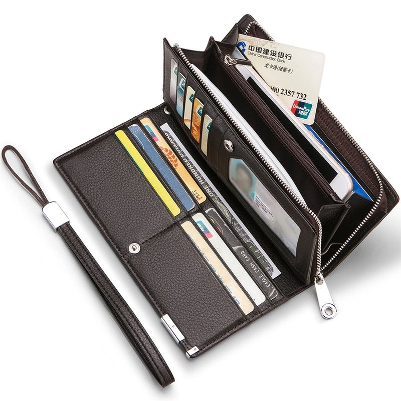 Huztencor Long Wallets for Men Leather RFID Blocking Wallet Bifold Slim Credit Card Holder Zip Around Wallet Purse with Zipper Strap Coffee - Image 2