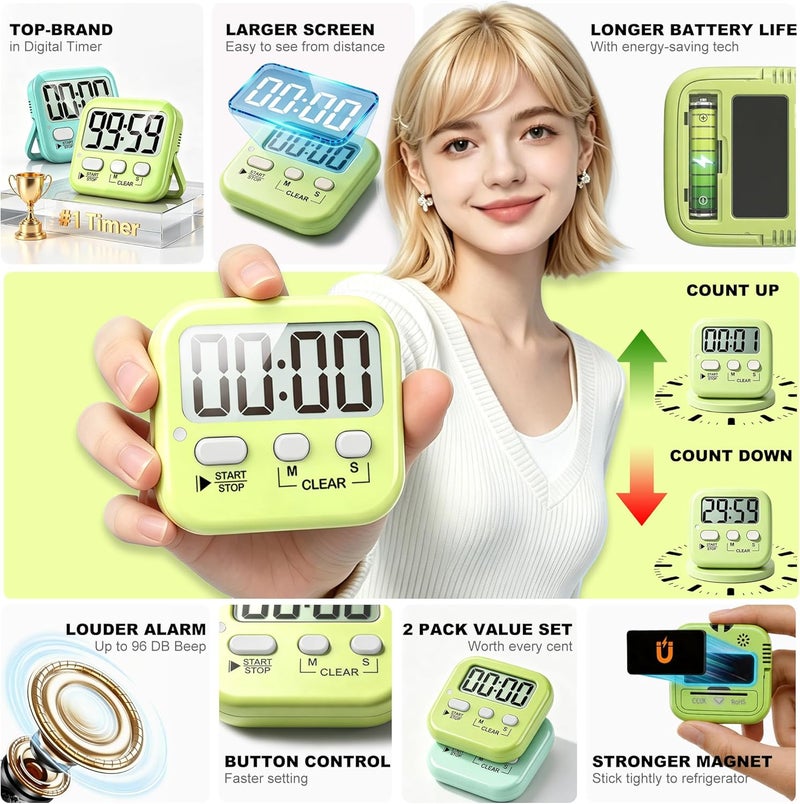 Antonki 2 Pack Digital Timer for Kids, Magnetic Countdown Kitchen Timers for Cooking, Egg, Classroom, Teacher, Exercise, Study, Oven - Battery Included - Image 4