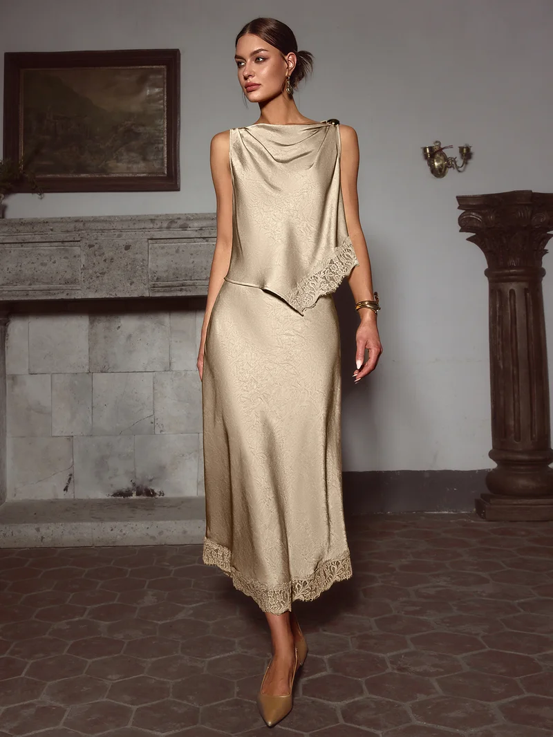 Simplee Round Neck Sleeveless Flowy Maxi Dress, Slim Minimal, Luxury Elegant Long Dress