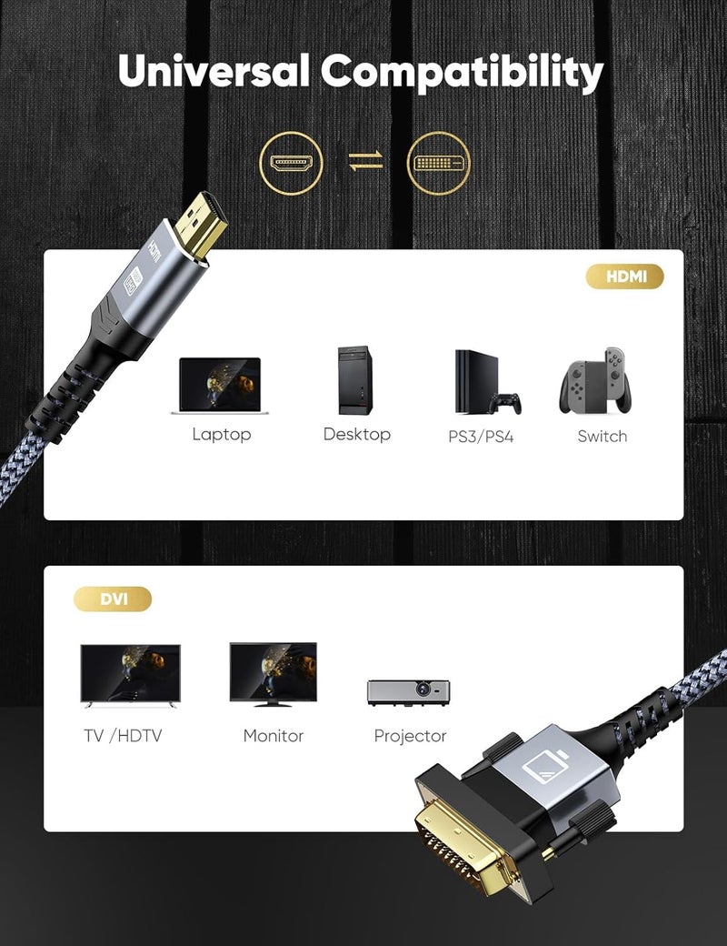 كابل HDMI إلى DVI بطول 6 أقدام - محول مطلي بالذهب ثنائي الاتجاه [1080p عالية الدقة الكاملة] | مضفر بالنايلون للمتانة | متوافق مع التلفزيون، الشاشة، الكمبيوتر الشخصي، الكمبيوتر المحمول، بطاقة الفيديو، وحدة التحكم في الألعاب - Image 4