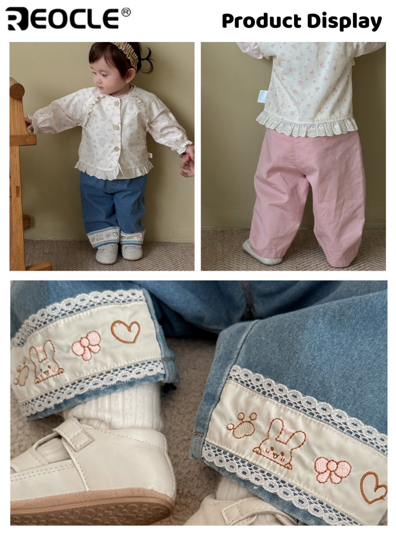 REOCLE Kid's Embroidered Jeans with Cartoon Design and Elastic Waistband Playful Denim Pants with Soft Comfort Fit for Autumn Daily Wear - Image 5