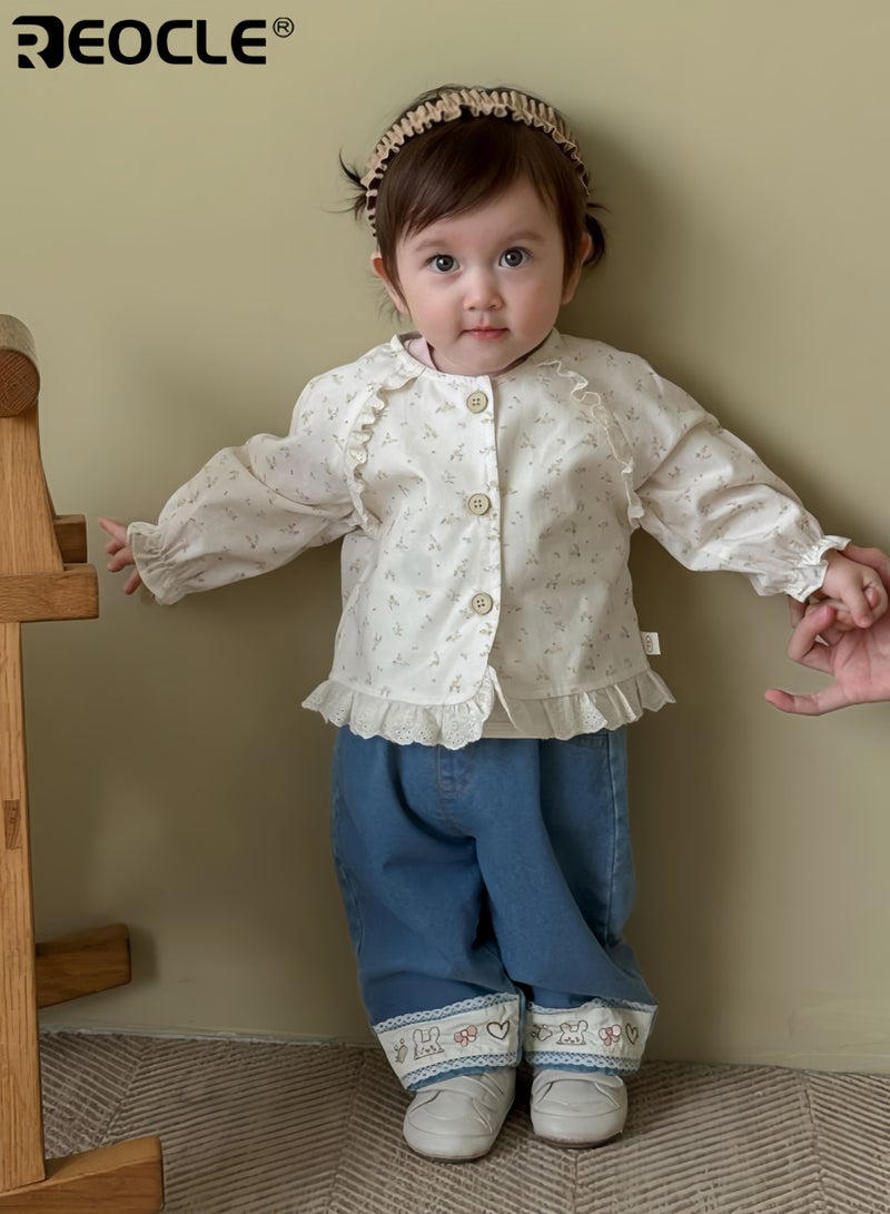 REOCLE Kid's Embroidered Jeans with Cartoon Design and Elastic Waistband Playful Denim Pants with Soft Comfort Fit for Autumn Daily Wear - Image 4