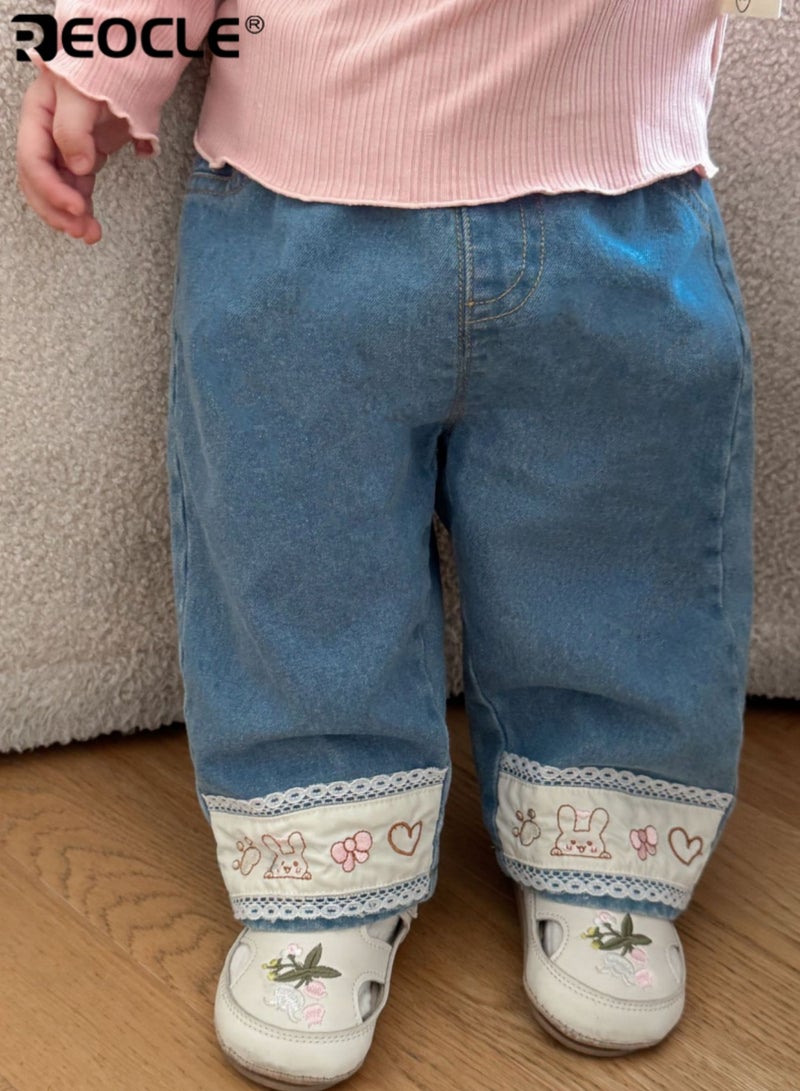 REOCLE Kid's Embroidered Jeans with Cartoon Design and Elastic Waistband Playful Denim Pants with Soft Comfort Fit for Autumn Daily Wear - Image 1