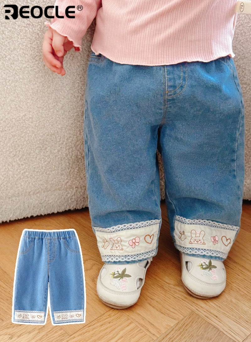 REOCLE Kid's Embroidered Jeans with Cartoon Design and Elastic Waistband Playful Denim Pants with Soft Comfort Fit for Autumn Daily Wear - Image 3
