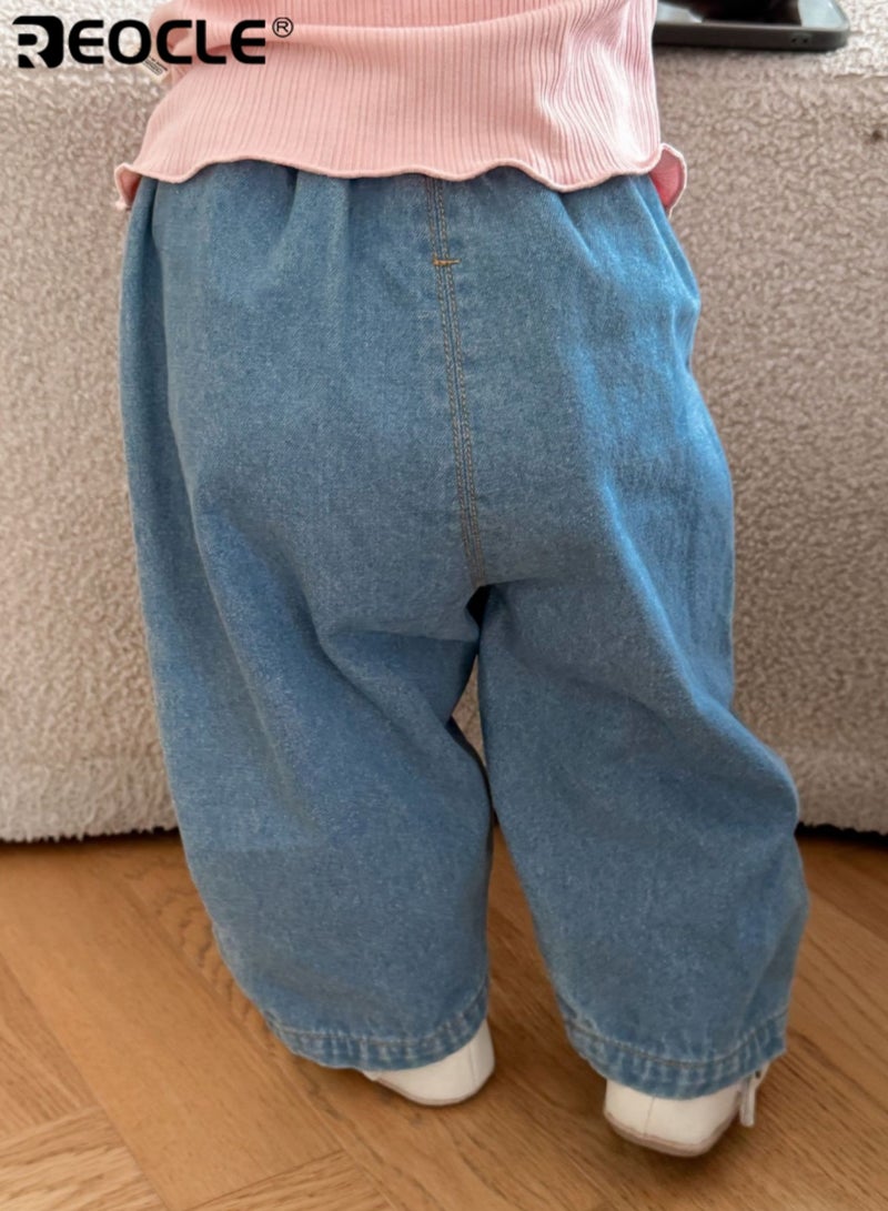 REOCLE Kid's Embroidered Jeans with Cartoon Design and Elastic Waistband Playful Denim Pants with Soft Comfort Fit for Autumn Daily Wear - Image 2