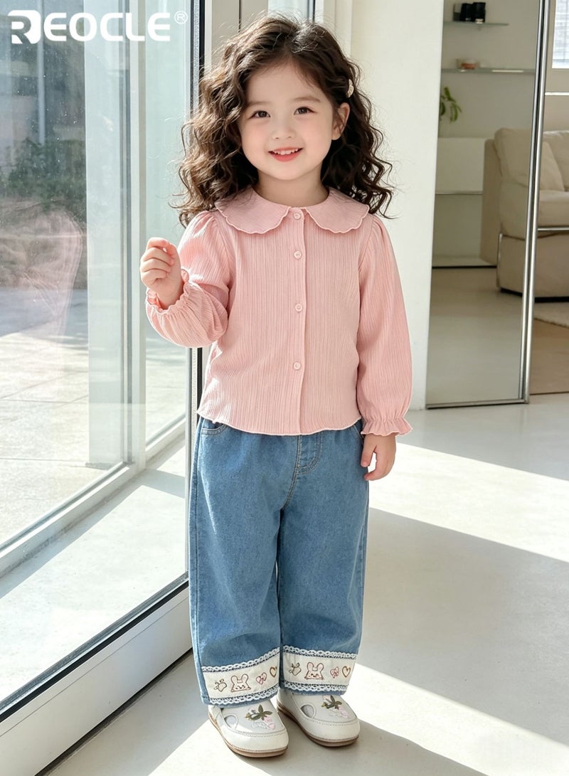 REOCLE Kid's Embroidered Jeans with Cartoon Design and Elastic Waistband Playful Denim Pants with Soft Comfort Fit for Autumn Daily Wear - Image 2