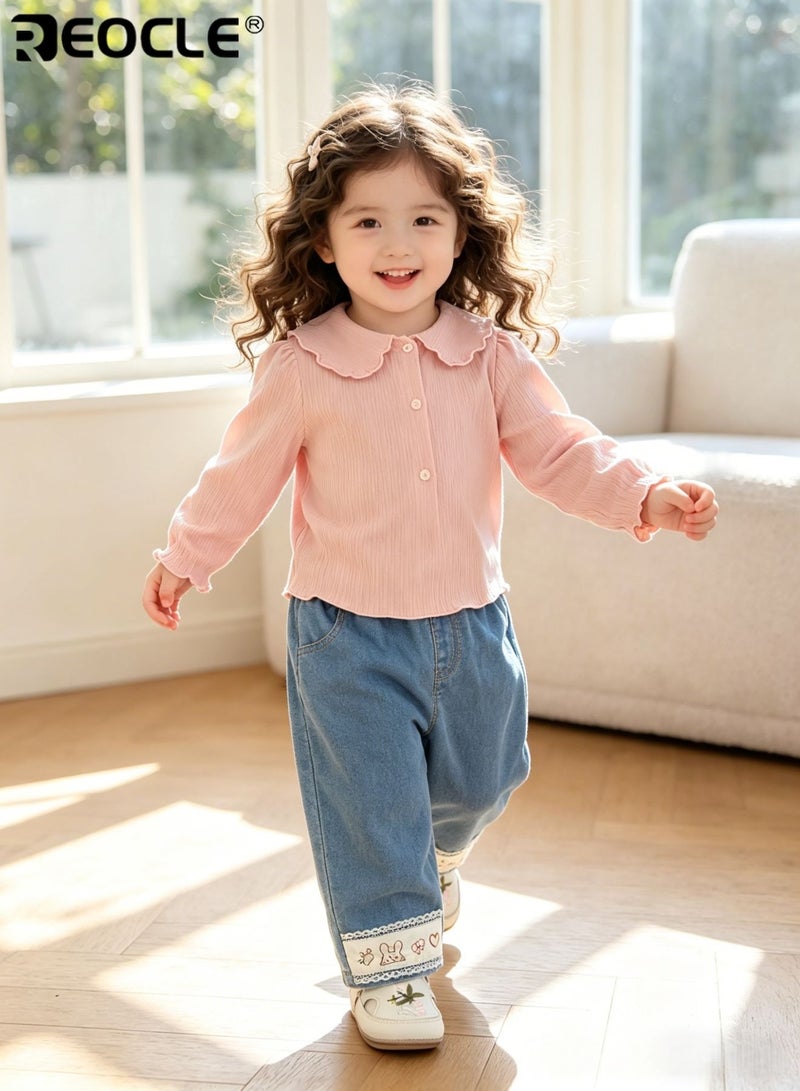 REOCLE Kid's Embroidered Jeans with Cartoon Design and Elastic Waistband Playful Denim Pants with Soft Comfort Fit for Autumn Daily Wear - Image 1