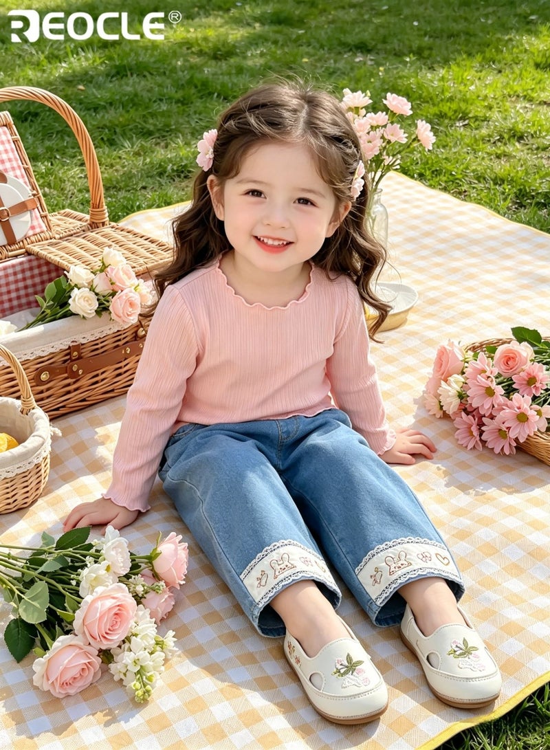 REOCLE Kid's Embroidered Jeans with Cartoon Design and Elastic Waistband Playful Denim Pants with Soft Comfort Fit for Autumn Daily Wear - Image 4