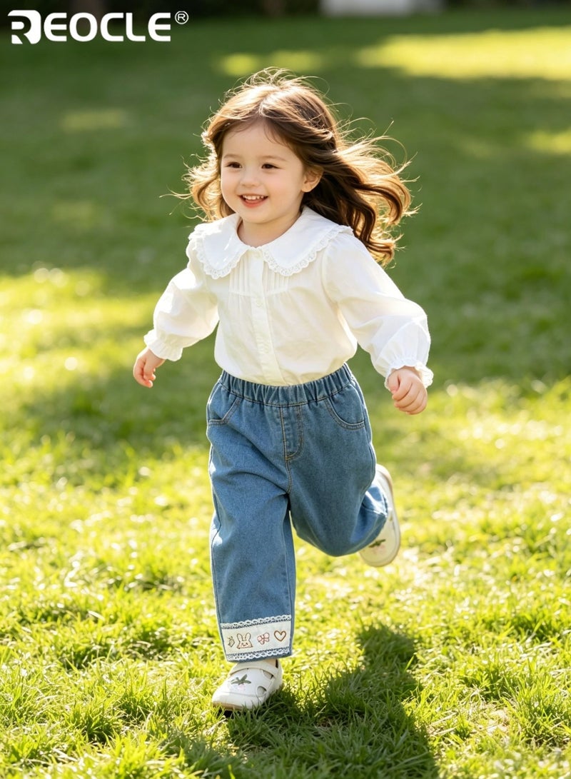 REOCLE Kid's Embroidered Jeans with Cartoon Design and Elastic Waistband Playful Denim Pants with Soft Comfort Fit for Autumn Daily Wear - Image 5