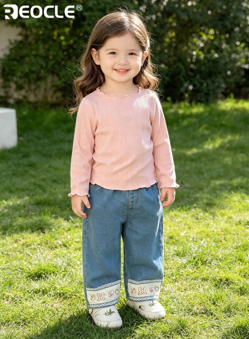 REOCLE Kid's Embroidered Jeans with Cartoon Design and Elastic Waistband Playful Denim Pants with Soft Comfort Fit for Autumn Daily Wear - Image 3