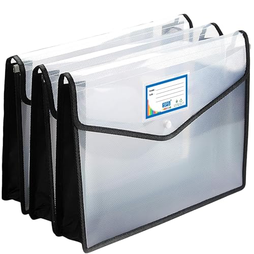 SPS File Folder, Transparent Poly-Plastic A4/Foolscap Documents File Storage Bag with Snap Button, Set of 3 (Black) - Image 1