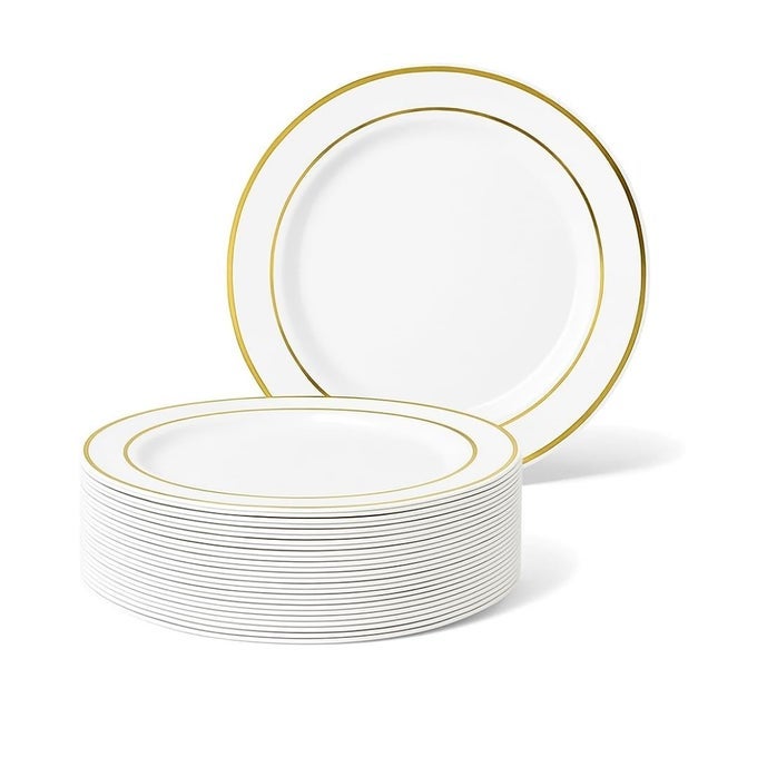25 PREMIUM WHITE PLASTIC DESSERT PLATES WITH GOLD RIM 19CM 7 INCH ELEGANT REUSABLE SIDE PLATES FOR WEDDINGS BIRTHDAYS PICNIC BBQ PARTIES EVENTS