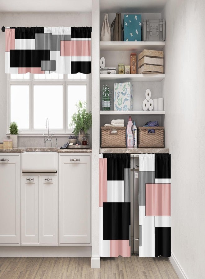 Tayney Pink Kitchen Curtains Black Grey Window Curtains Valance and Tier Set 36 Inch, White Modern Rod Pocket Short Tier Curtain for Bathroom, Abstract Art Small Cafe Curtains for Decor, QCY23120809 - Image 2