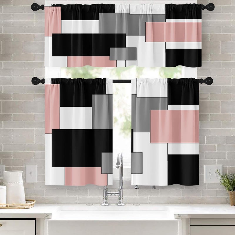 Tayney Pink Kitchen Curtains Black Grey Window Curtains Valance and Tier Set 36 Inch, White Modern Rod Pocket Short Tier Curtain for Bathroom, Abstract Art Small Cafe Curtains for Decor, QCY23120809 - Image 1