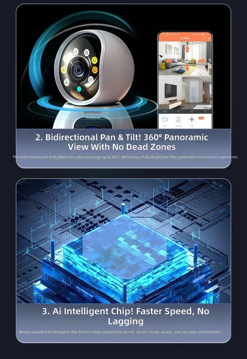 GREATWALL Dual-Lens Wireless WiFi Camera for Home Surveillance, 360° HD, Remote Intercom - Image 5