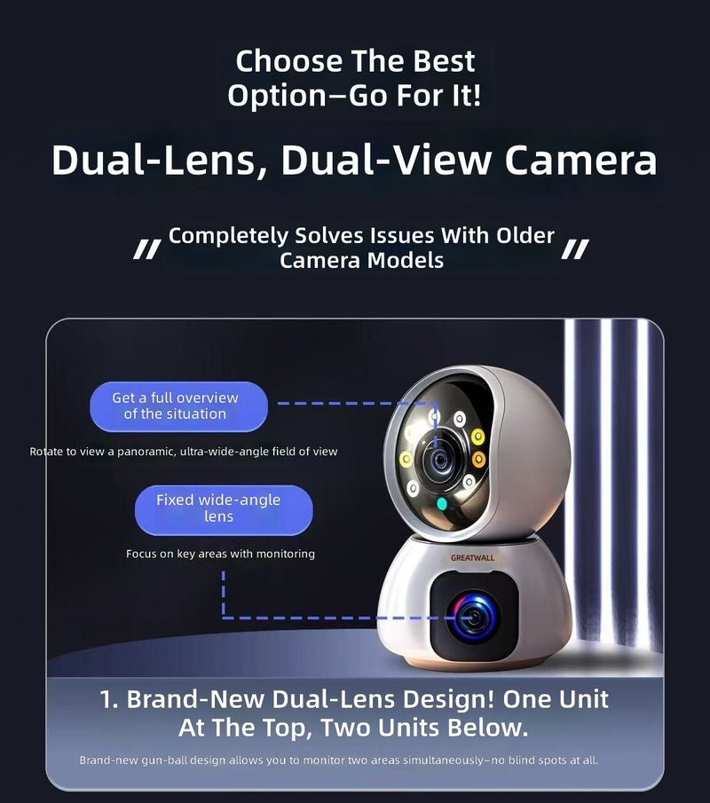 GREATWALL Dual-Lens Wireless WiFi Camera for Home Surveillance, 360° HD, Remote Intercom - Image 4