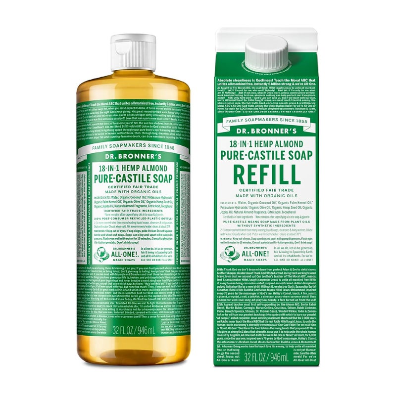 Dr. Bronner's Dr Bronners  PureCastile Liquid Soap Bottle  Refill Carton Made with 82 Less Plastic Almond 32 oz  Face Body Hair Laundry Dishes  More SuperConcentrated Organic Vegan NonGMO 
