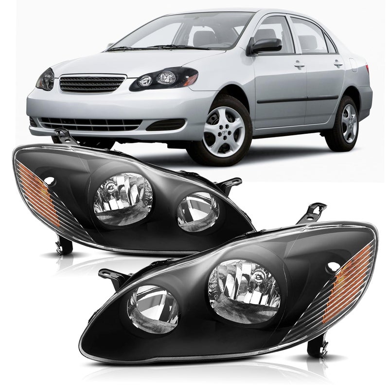 corkiauto مجموعة مصابيح أمامية متوافقة مع تويوتا كورولا 2003 2004 2005 2006 2007 2008 زوج من مصابيح الهالوجين، هيكل أسود - Image 1