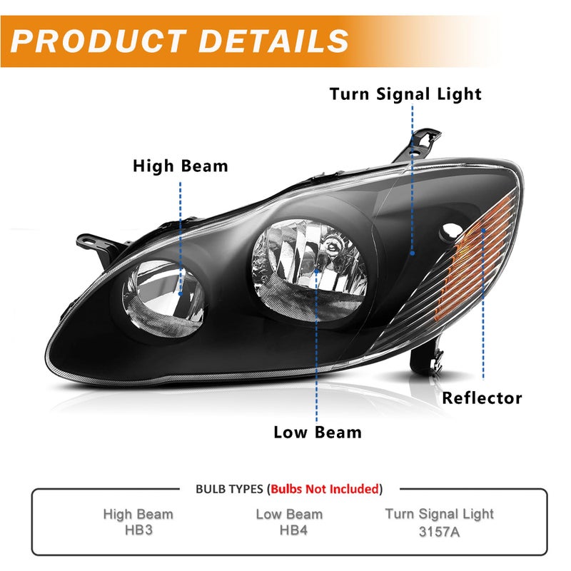 corkiauto مجموعة مصابيح أمامية متوافقة مع تويوتا كورولا 2003 2004 2005 2006 2007 2008 زوج من مصابيح الهالوجين، هيكل أسود - Image 3