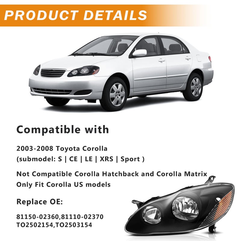 corkiauto مجموعة مصابيح أمامية متوافقة مع تويوتا كورولا 2003 2004 2005 2006 2007 2008 زوج من مصابيح الهالوجين، هيكل أسود - Image 2